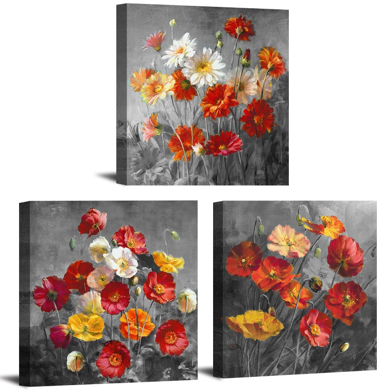 sunfrower 3 Piece Poppy Wall Art Burnt Orange Flower Pictures Wall Decor Bedroom Wildflower Paintings Daisy Poppies Posters Canvas Prints Black and Grey Botanical Artwork for Living Room Home Decorations 12x12" - Image 1
